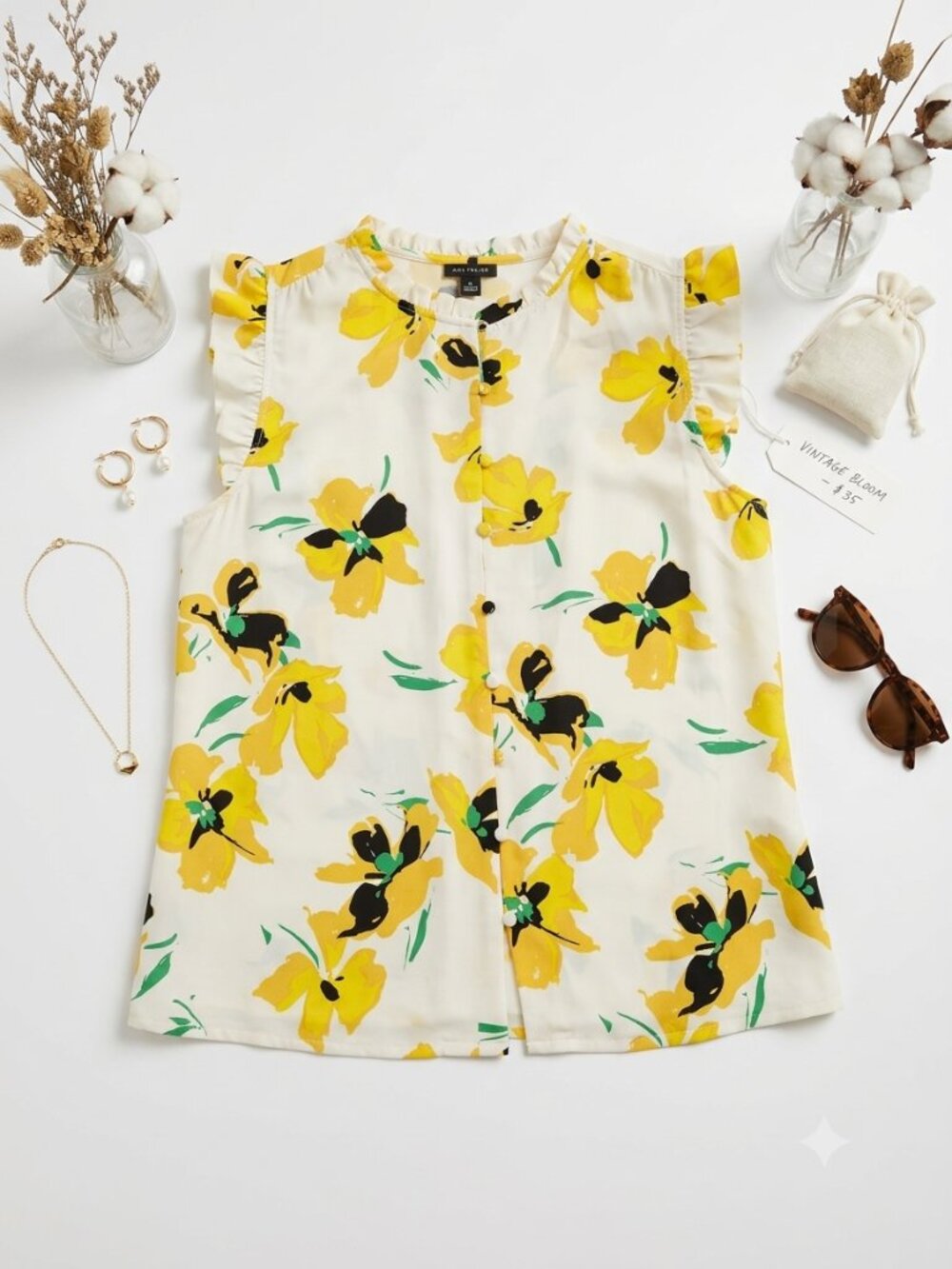 Ann Taylor Yellow Floral Ruffle Sleeve Button-Front Blouse – Size Large